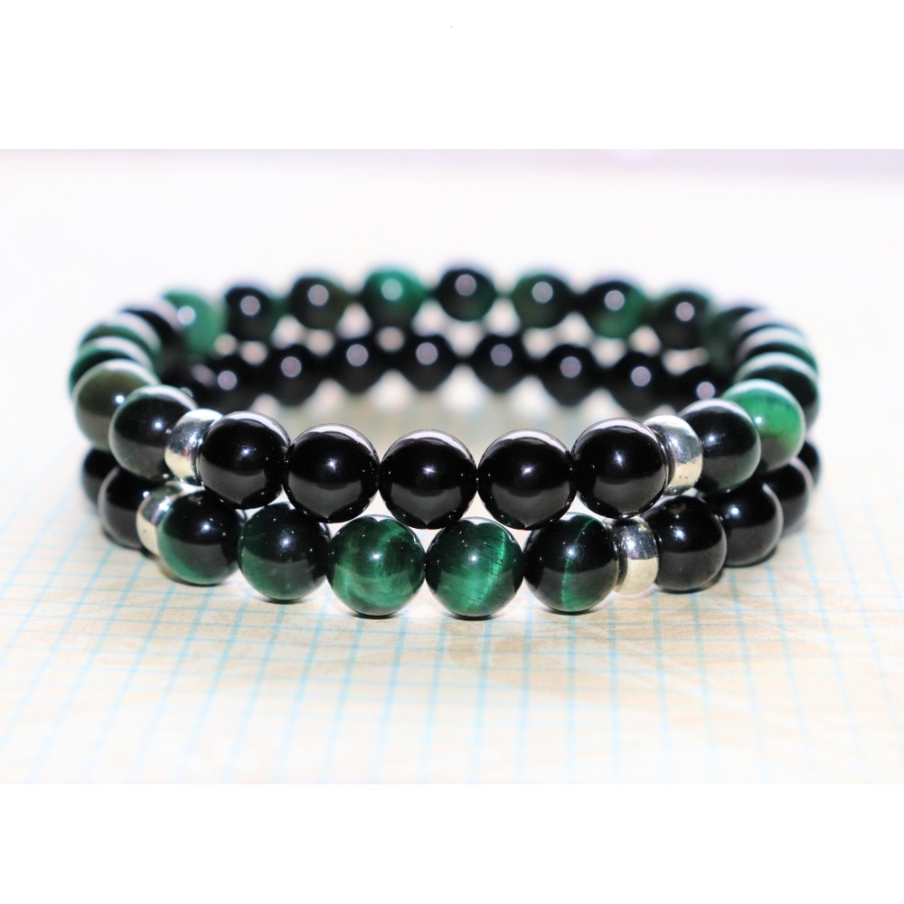 New Green Tiger's Eye & Black Onyx Bracelet Set